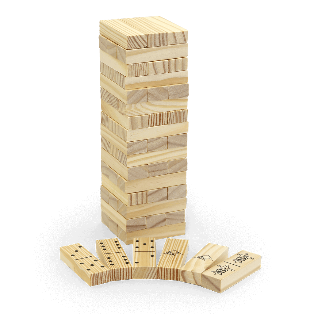 Coghlans 3-In-1 Tower Game with dominoes and matching bricks, available at Cabin Depot, featuring 54 wooden pieces and storage pouch.
