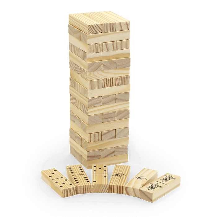 Coghlan's 3-in-1 Tower Game with wooden blocks for playing tower, dominoes, and matching games.