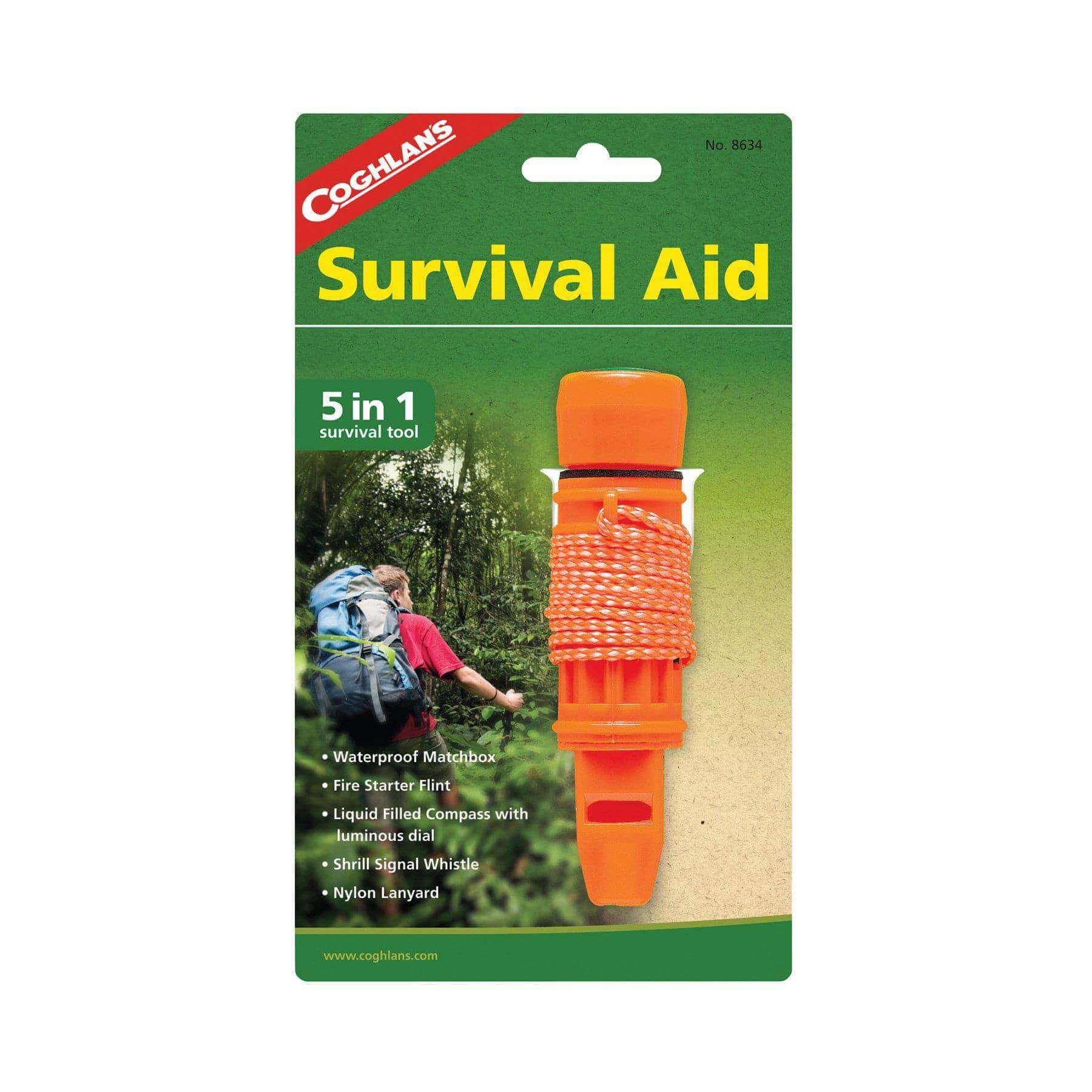 Coghlans 5-In-1 Survival Aid with matchbox, compass, flint, mirror, whistle; Cabin Depot outdoor gear. Includes lanyard, compact and waterproof.