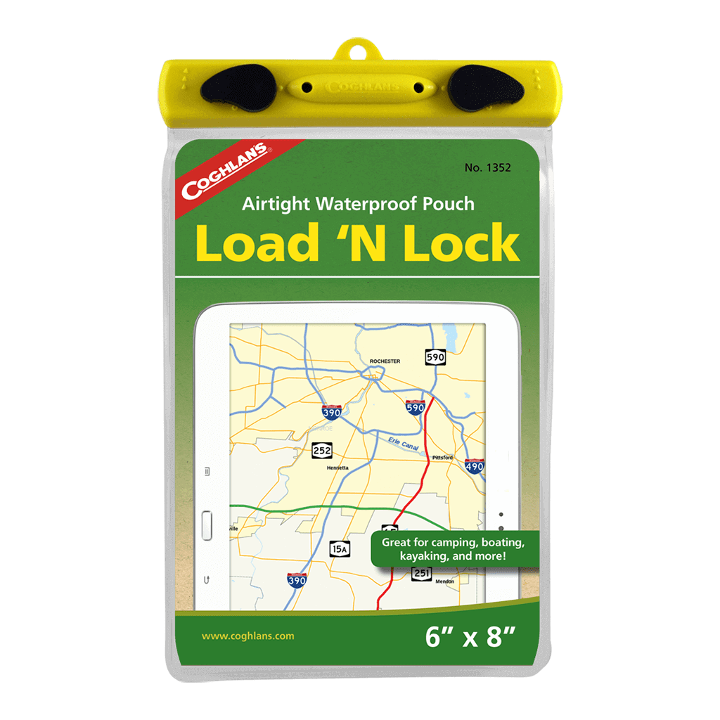Coghlan’s 6 x 8 Load N Lock Pouch, waterproof for camping, boating, kayaking; available at Cabin Depot. Airtight and touch screen friendly.