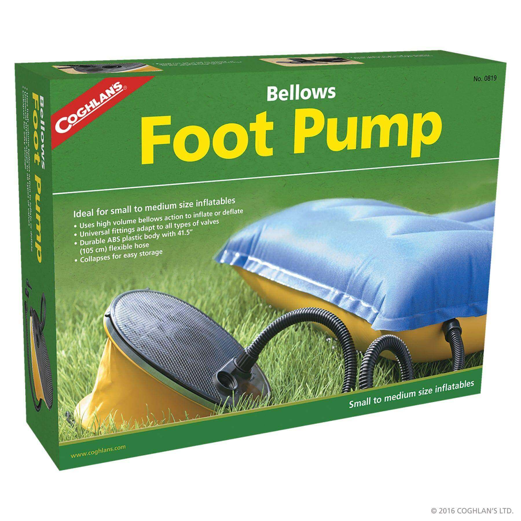 Coghlans Bellows Foot Pump packaging for small to medium inflatables with Cabin Depot keywords, ABS construction, and flexible hose.