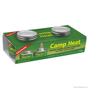 Coghlans Camp Heat two-pack from Cabin Depot for camping and emergencies, odorless and non-toxic with 4-hour burn time per can.