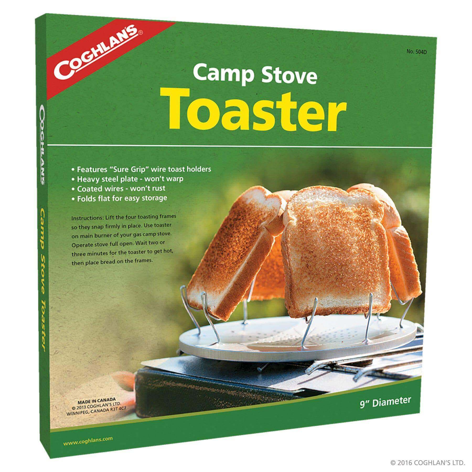 Coghlans Camp Stove Toaster packaging showing toaster with four slices of bread, available at Cabin Depot.