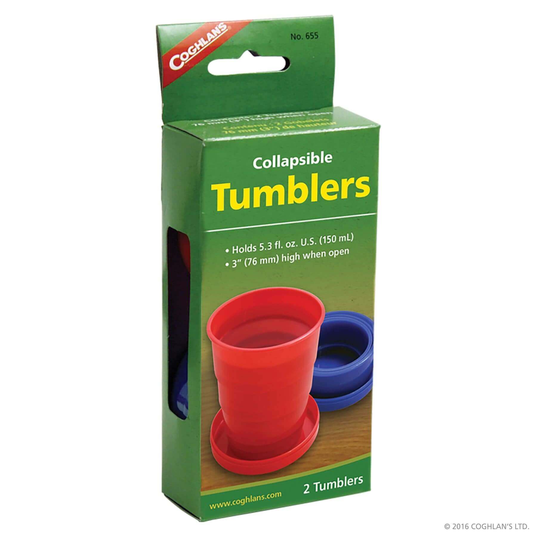 Coghlans Collapsible Tumbler 2-pack in colorful plastic packaging, ideal for camping and beach trips. Available at Cabin Depot.
