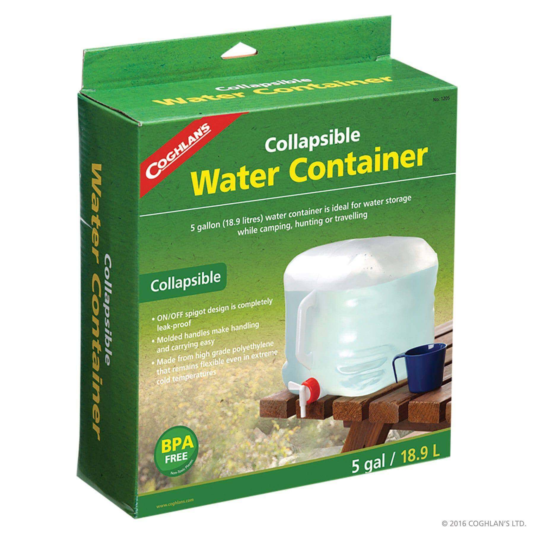 Coghlans Collapsible Water Carrier, 5 Gallon, BPA-Free, for camping and hiking by Cabin Depot, with easy-fill spigot and storage handle.