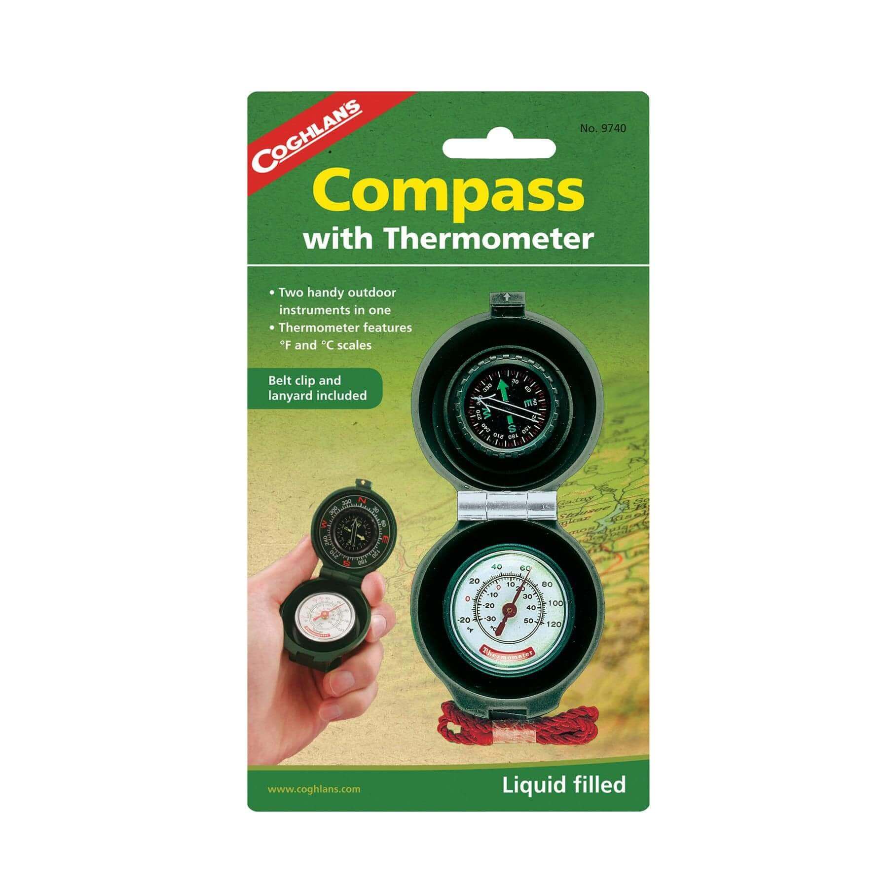 Alt Tag: Coghlans Compass with Thermometer, dual scales, luminous dial, belt clip, lanyard, available at Cabin Depot