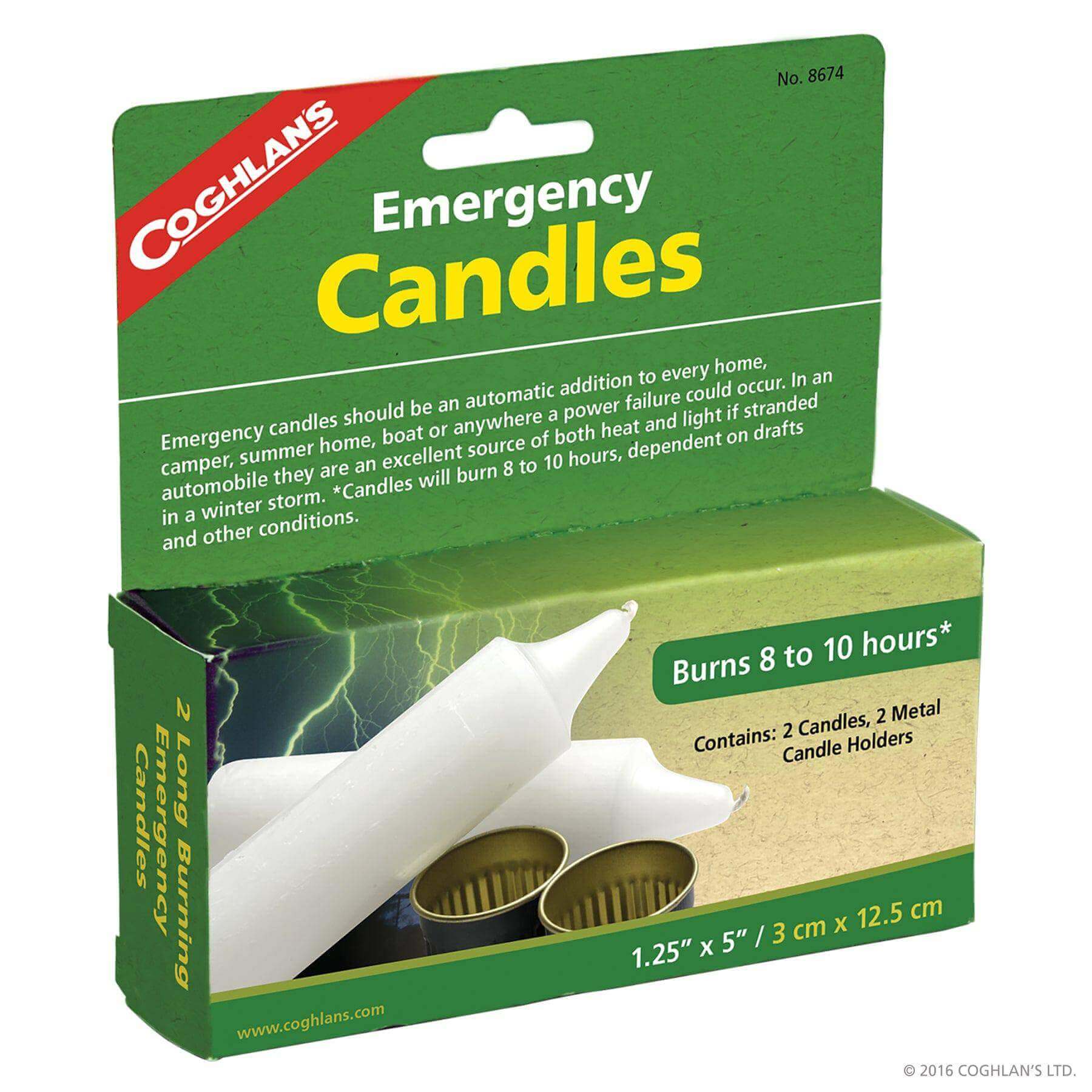 Coghlans Emergency Candles at Cabin Depot, each burning 8-10 hours, ideal for power outages and winter safety.
