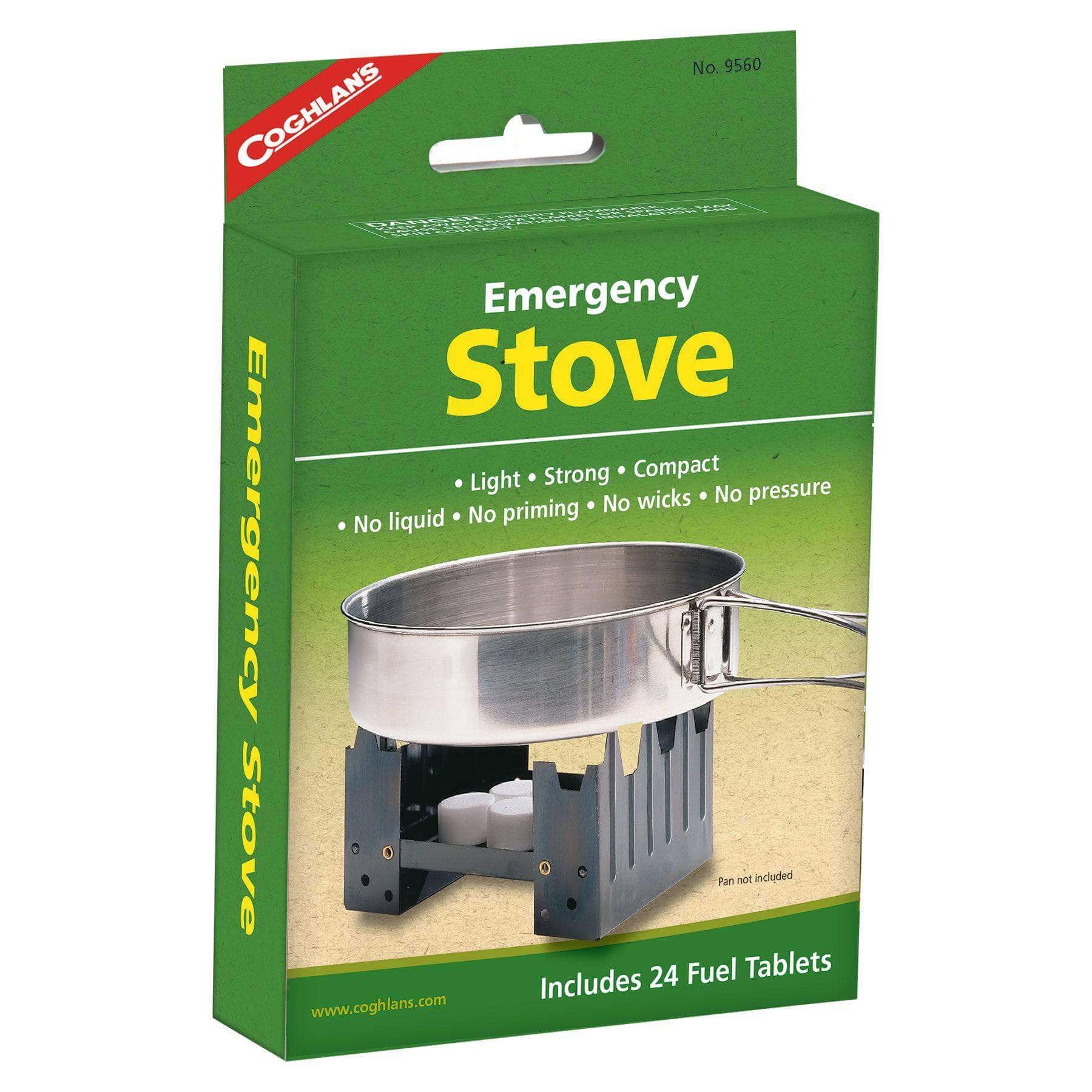 Coghlans Emergency Stove packaging, available at Cabin Depot, featuring compact design and 24 fuel tablets for quick outdoor cooking.