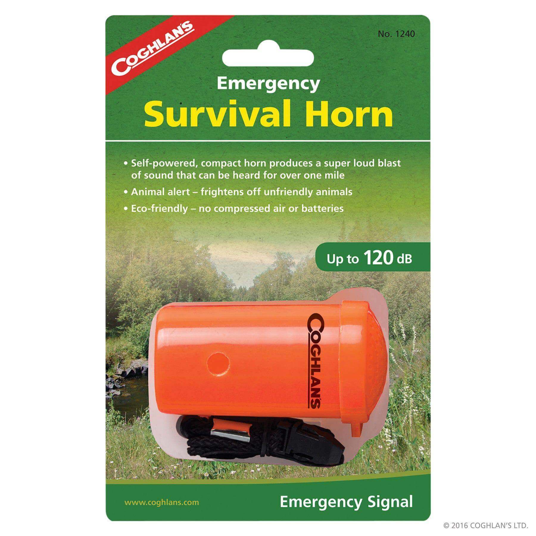 Coghlans Emergency Survival Horn with 120dB sound, SOS signal, black lanyard, available at Cabin Depot for outdoor safety.