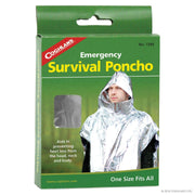 Coghlans Emergency Survival Poncho with hood for heat loss prevention. Ideal for hypothermia risk, sold by Cabin Depot.