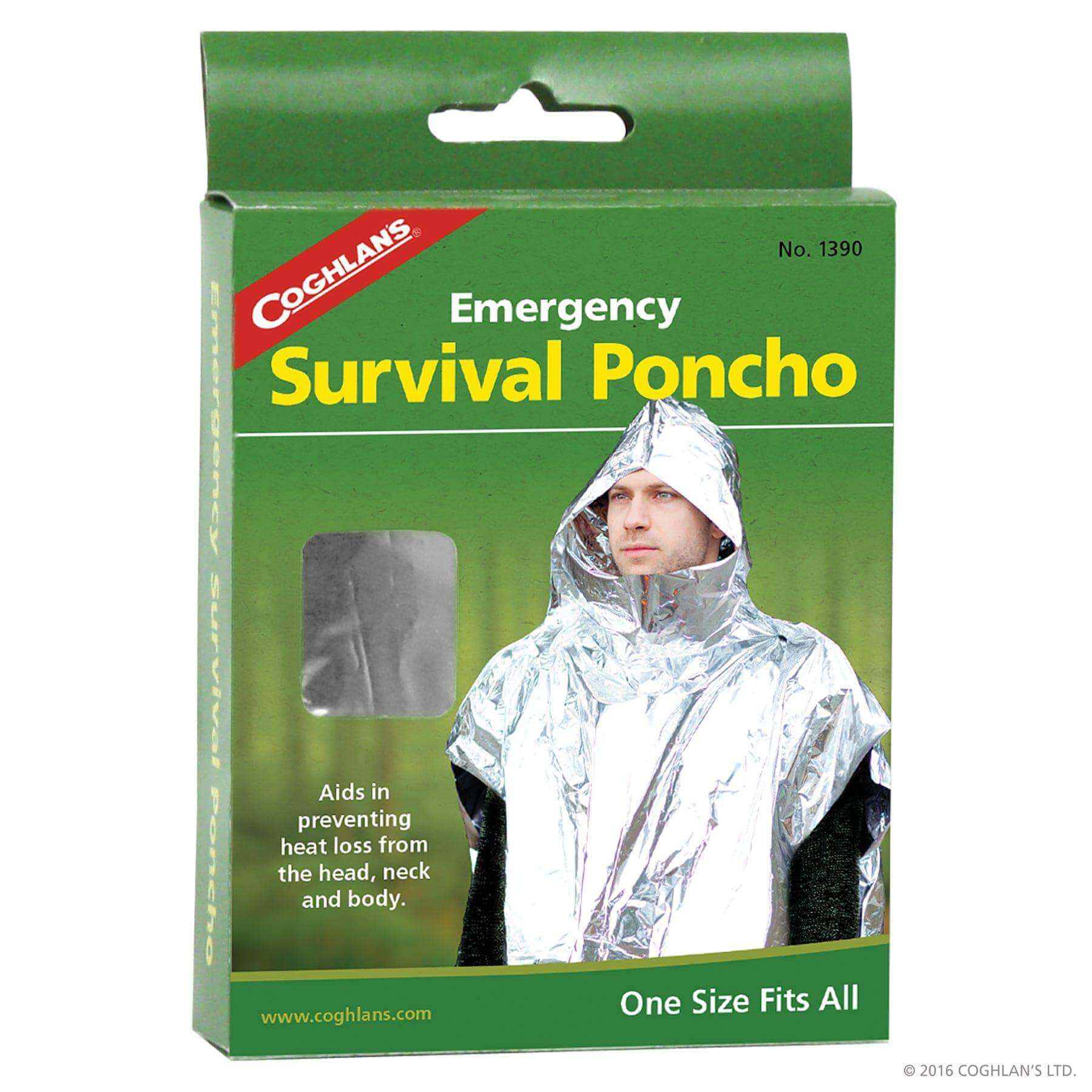 Coghlans Emergency Survival Poncho with hood for heat loss prevention. Ideal for hypothermia risk, sold by Cabin Depot.