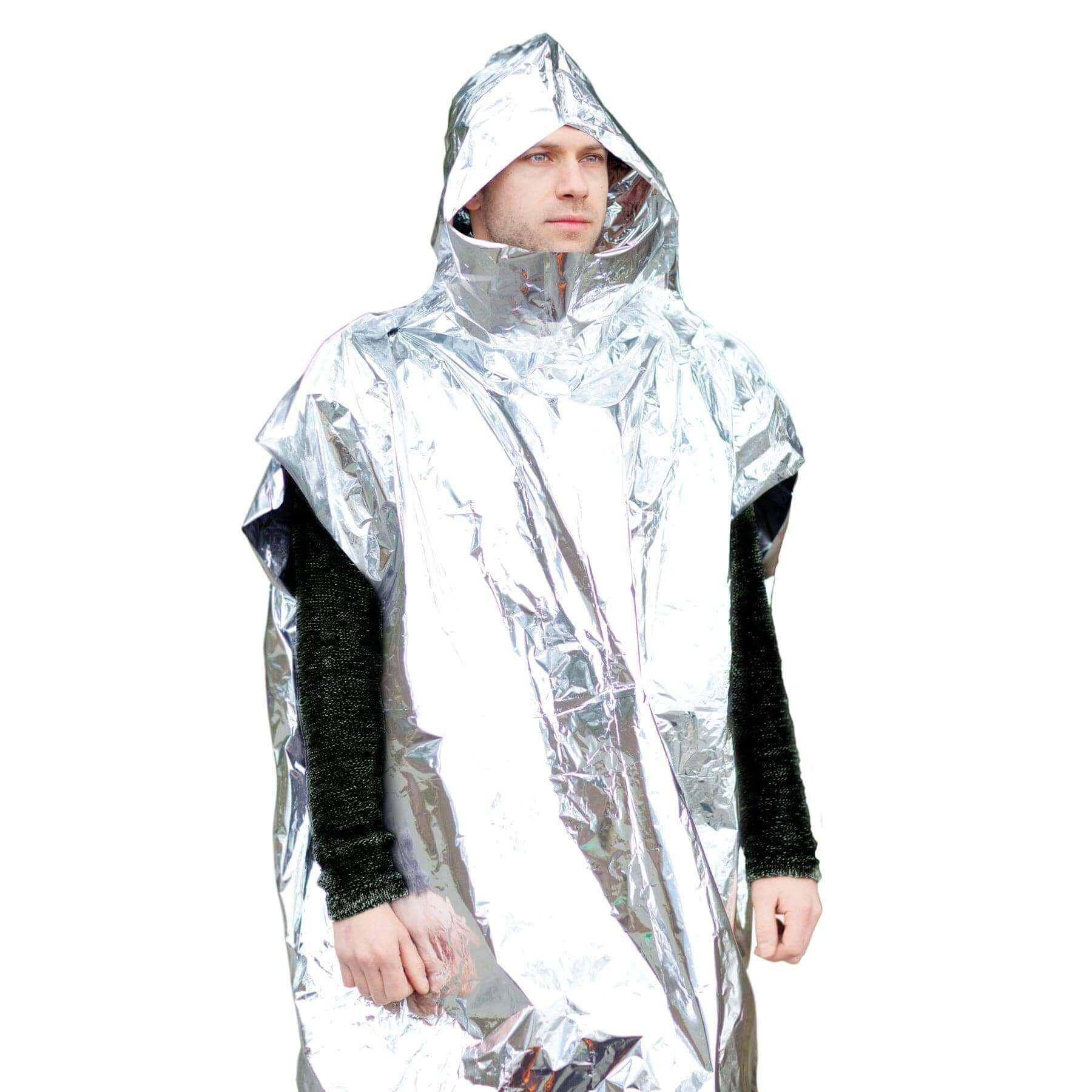Coghlans Emergency Survival Poncho from Cabin Depot, silver with hood and reinforced seams for heat retention and mobility in emergencies.