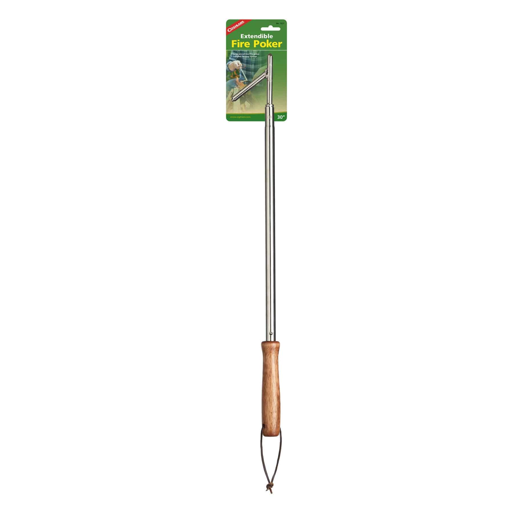 Coghlans Extendible Fire Poker with wooden handle from Cabin Depot, ideal for camping and fire pits, extends 17-30 inches.