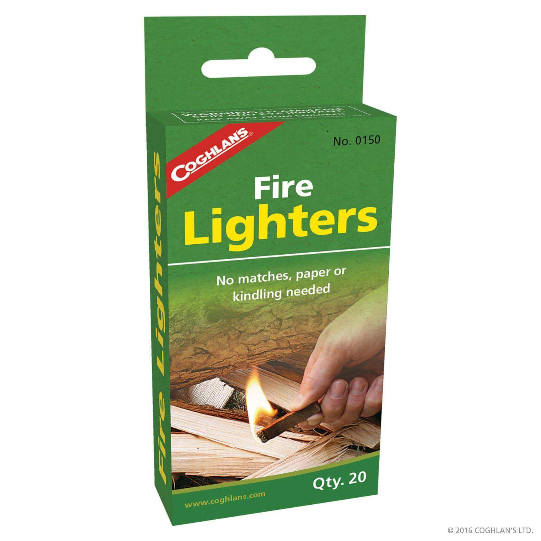Coghlans Fire Lighters box packaging, easy to use, no matches needed, available at Cabin Depot.
