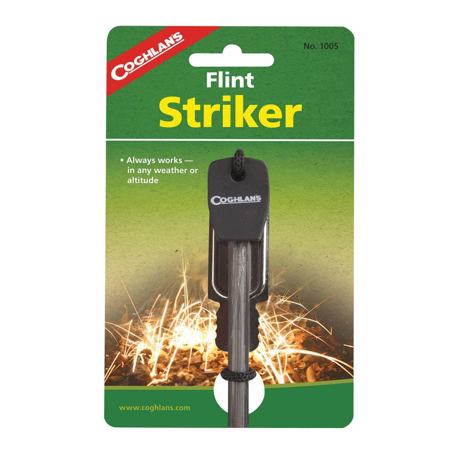 Coghlans Flint Striker fire-starting tool packaging, available at Cabin Depot, featuring durable ferro-cerrium rod for reliable sparks.