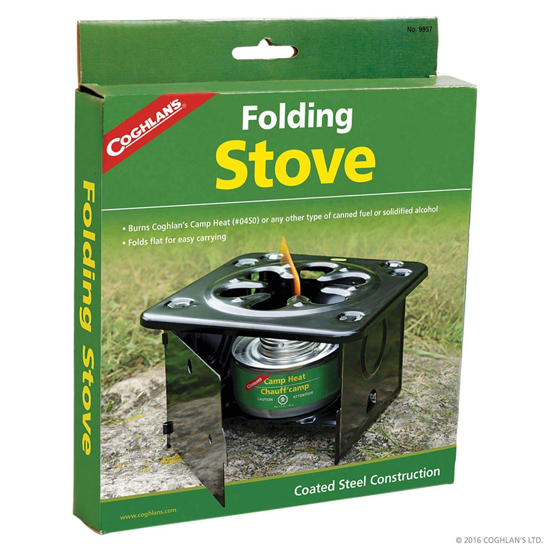 Coghlans Folding Stove with steel construction for canned fuel, ideal for camping from Cabin Depot. Portable, folds flat for easy carry.