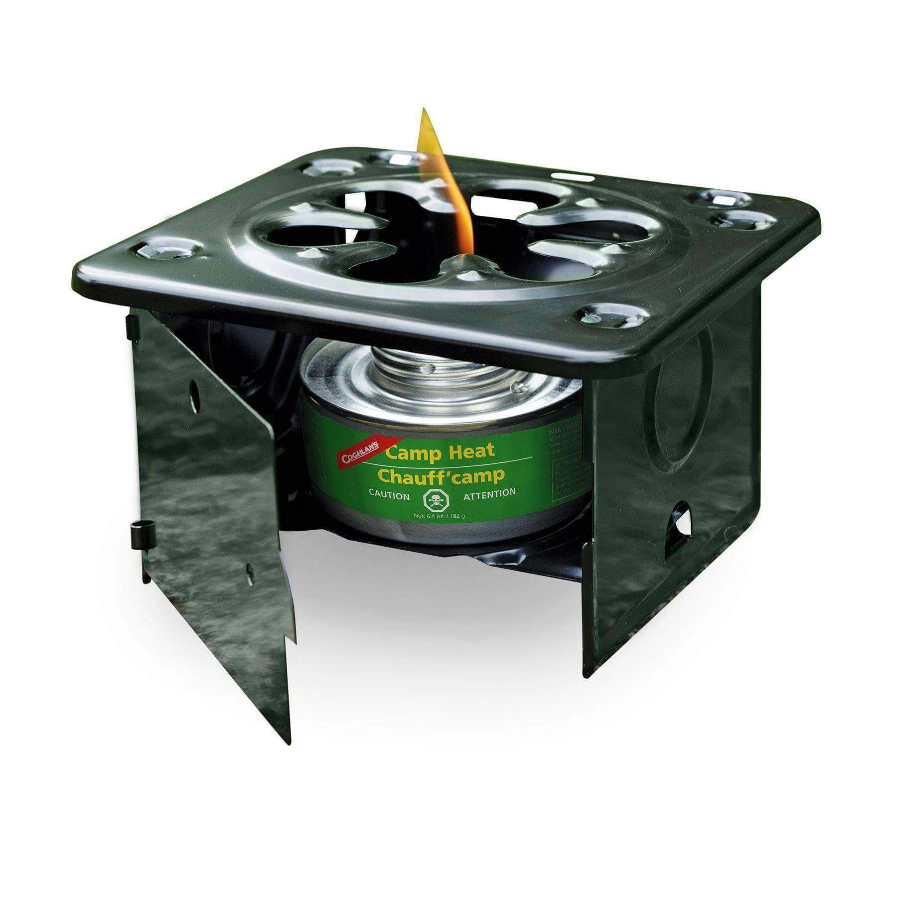 Coghlans Folding Stove with Camp Heat, durable coated steel, wind protection, portable for camping, available at Cabin Depot.