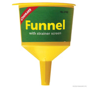 Coghlans yellow funnel with brass strainer for stove or lantern, available at Cabin Depot, high-strength polypropylene.