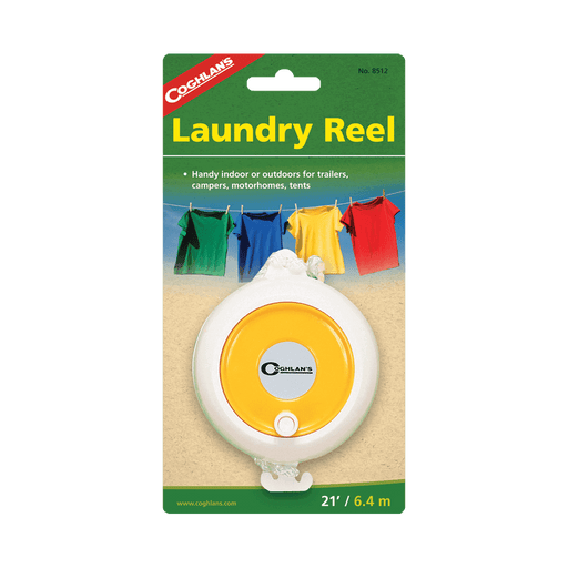 Coghlans Laundry Reel with nylon rope, brass hooks, ABS plastic, 21 feet long for camping and travel.