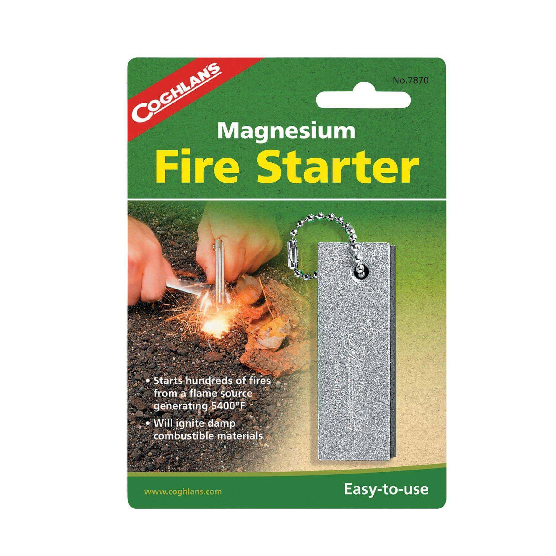 Coghlans Magnesium Fire Starter in packaging, ideal for field trips, generates 5400°F flame, available at Cabin Depot.