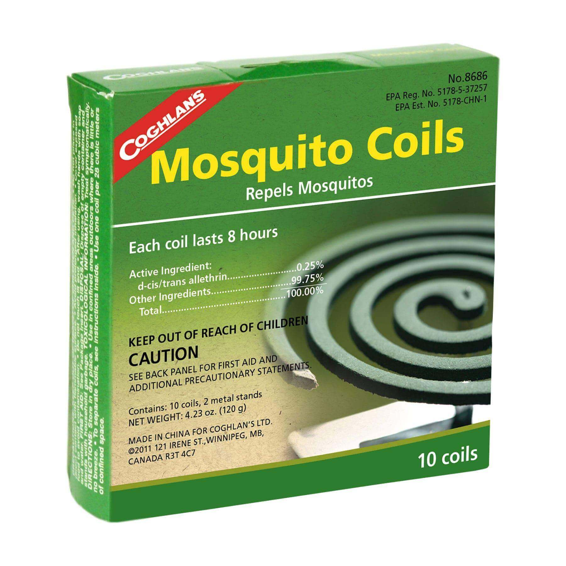 Coghlans Mosquito Coils 10 Pack, repels mosquitoes, 8-hour protection, active ingredient allethrin, available at Cabin Depot.