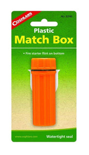 Coghlans Plastic Match Box with high-visibility orange design, watertight seal, and emergency fire starter, available at Cabin Depot.