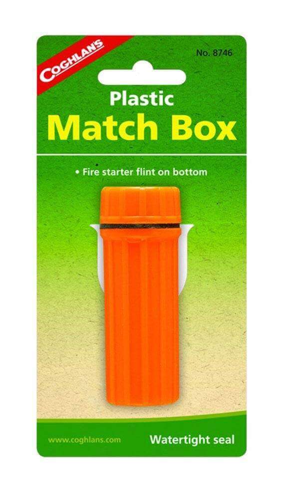 Coghlans Plastic Match Box with high-visibility orange design, watertight seal, and emergency fire starter, available at Cabin Depot.