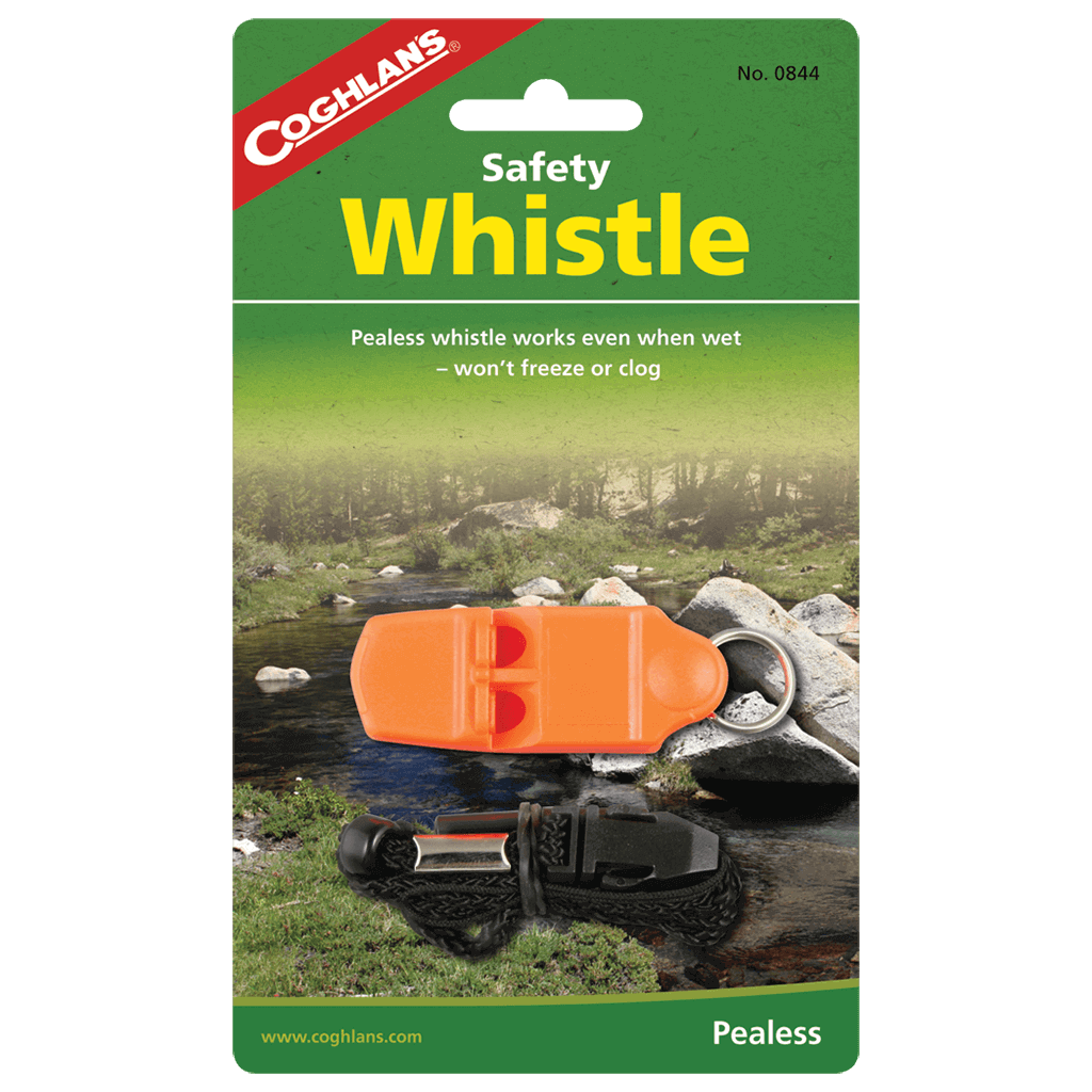 Alt Tag: Coghlans Safety Whistle, bright orange pealess design, perfect for camping and safety, available at Cabin Depot with break-away lanyard.