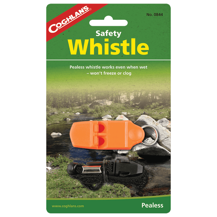 Bright orange Coghlans Safety Whistle with black lanyard, pealess design for maximum visibility and reliability, against outdoor backdrop.