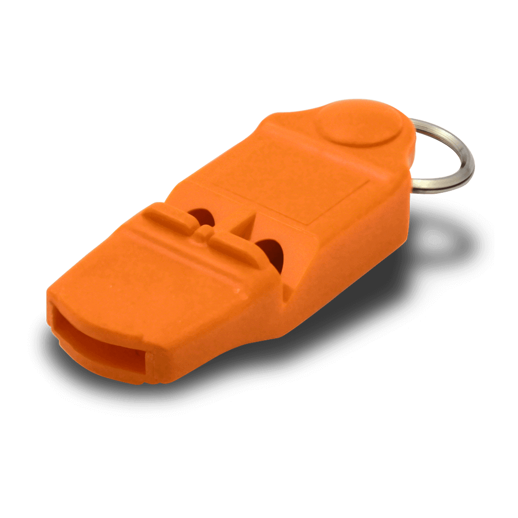 Bright orange Coghlans Safety Whistle with lanyard, available at Cabin Depot, designed for visibility and safety with pealess construction.