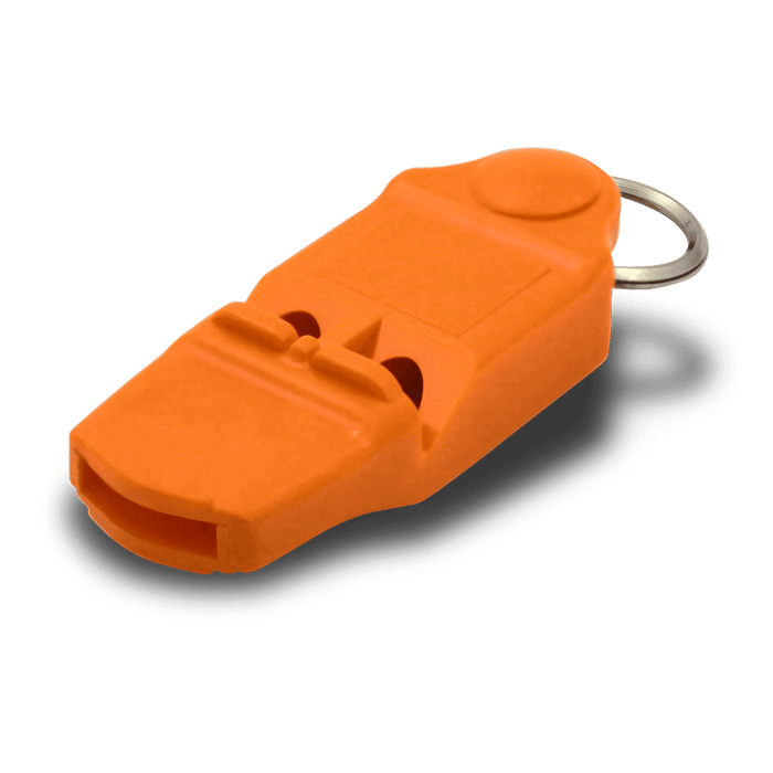 Bright orange Coghlans pealess safety whistle with lanyard ring for visibility and secure use outdoors.