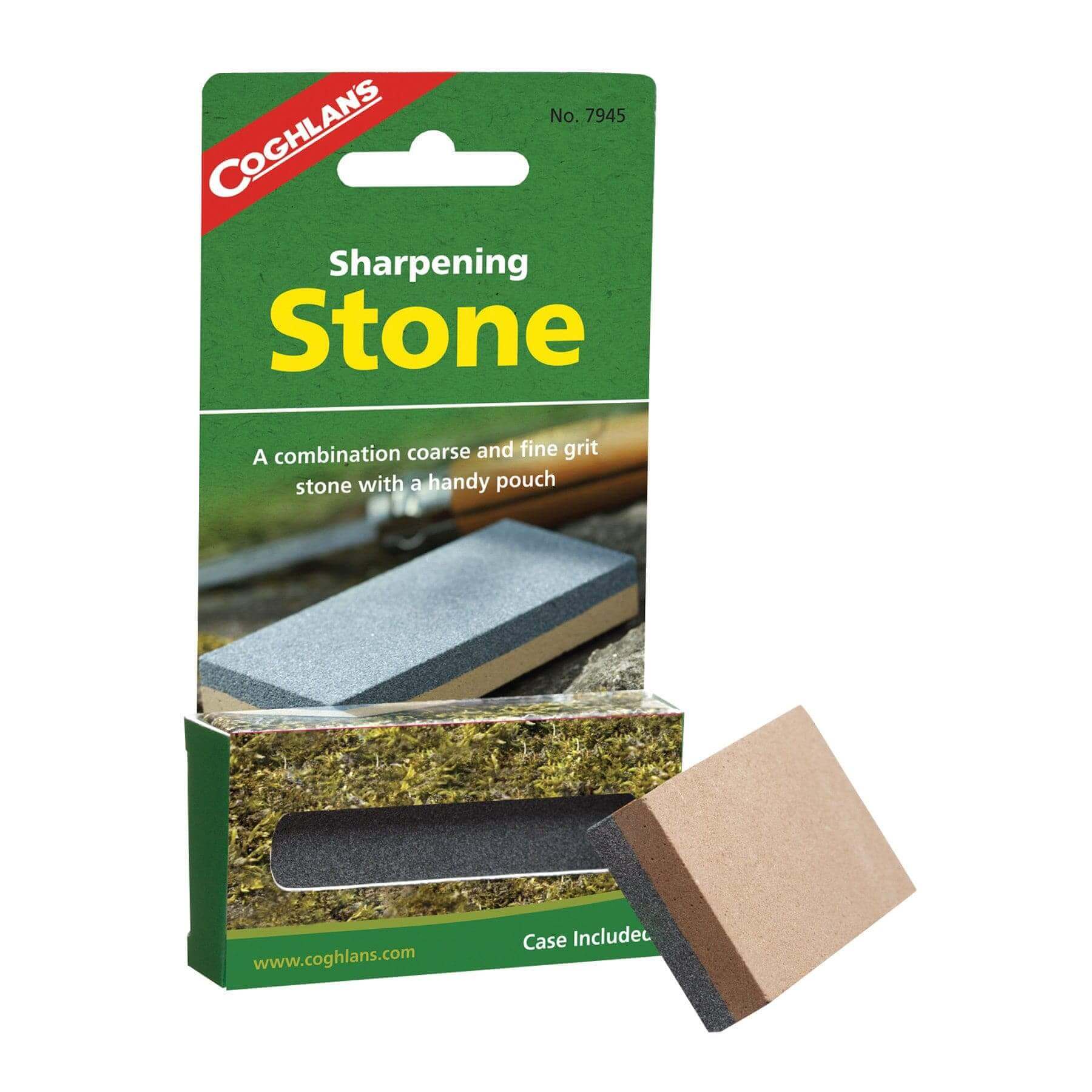 Coghlans Sharpening Stone with vinyl case from Cabin Depot, featuring coarse (120) and fine (400) grit for sport knife sharpening.