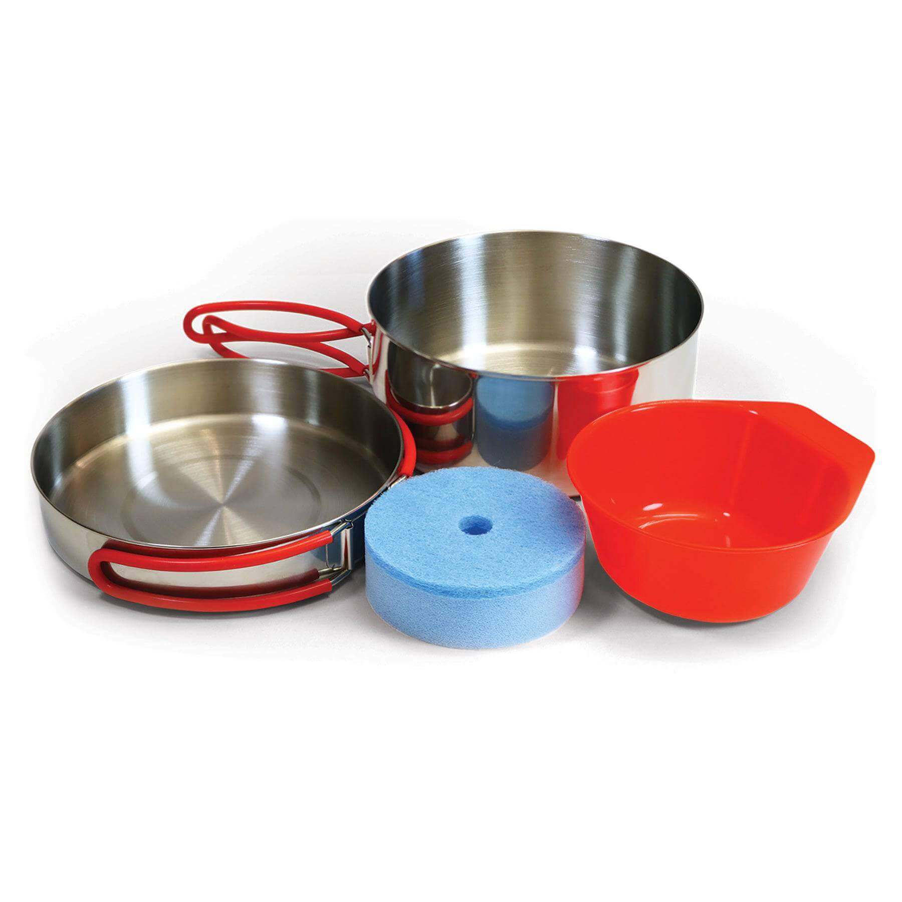 Coghlans Single Person Stainless Steel Mess Kit with pot, frying pan, BPA-free mug, scrubber, and mesh bag from Cabin Depot.