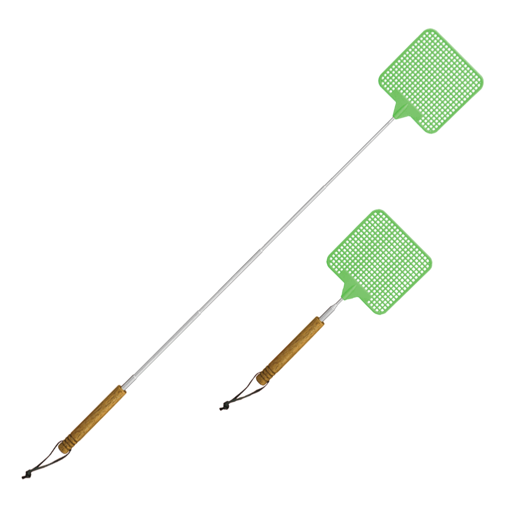 Coghlans Telescopic Fly Swatter for camping, extended and retracted view. Ideal for Cabin Depot with wooden handle and leather strap.
