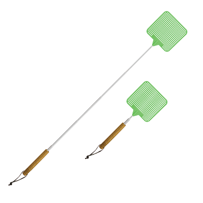 Coghlans Telescopic Fly Swatter with green head, wooden handle, and leather strap shown extended and retracted.