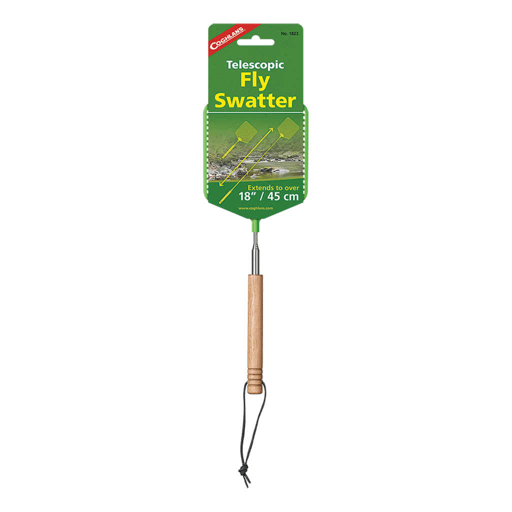 Coghlans Telescopic Fly Swatter with wooden handle from Cabin Depot, ideal for camping or RV, extends over 18 inches.