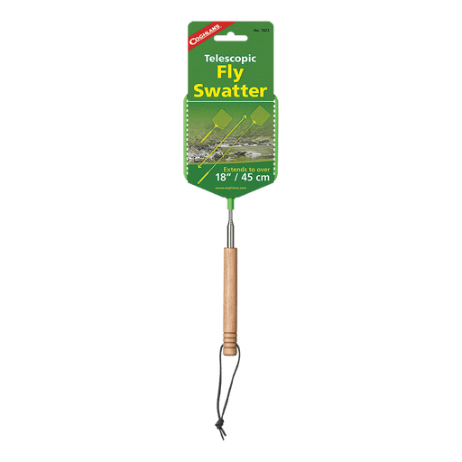 Coghlans Telescopic Fly Swatter with wooden handle and leather strap, extends to 18 inches, ideal for camping and RV excursions.