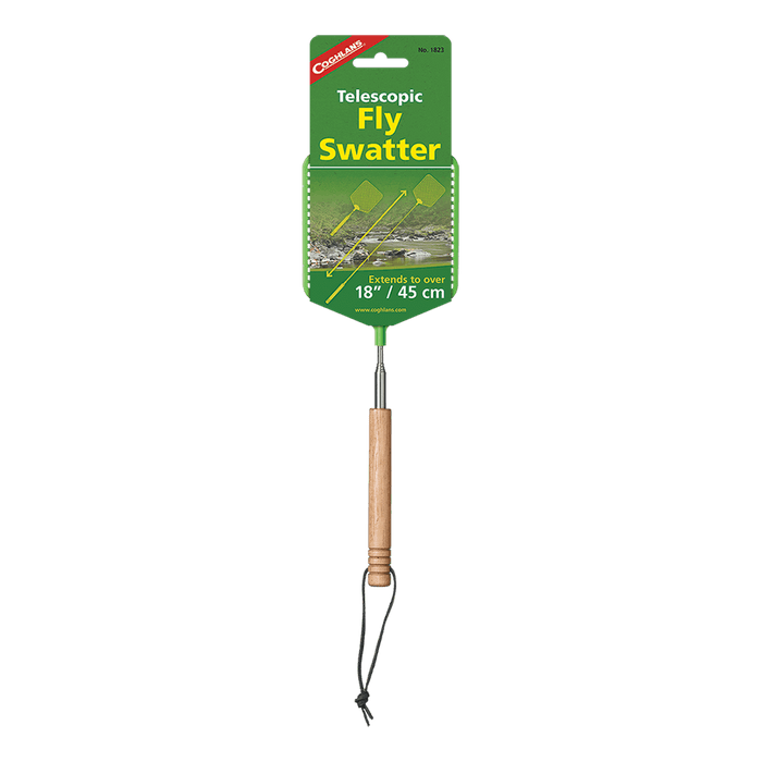 Coghlans Telescopic Fly Swatter with wooden handle and leather strap, extends to 18 inches, ideal for camping and RV excursions.