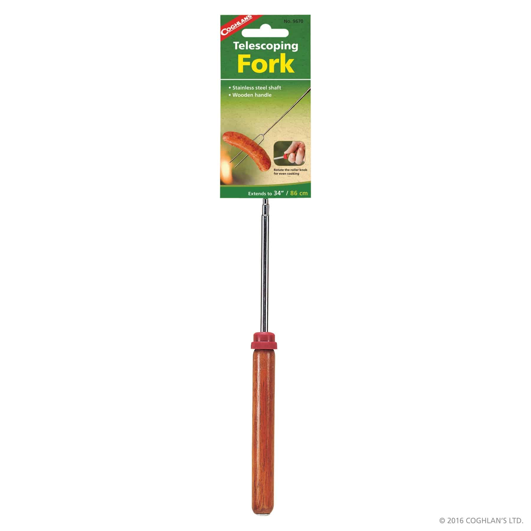 Coghlans Telescoping Fork with chrome shaft and wooden handle, extends to 34 inches. Ideal for even cooking at Cabin Depot.