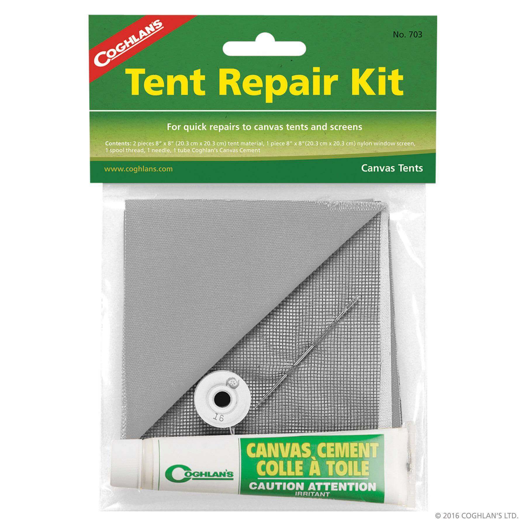 Coghlans Tent Repair Kit with canvas patches, needle, thread, and cement for canvas tents. Available at Cabin Depot. Quick repairs.