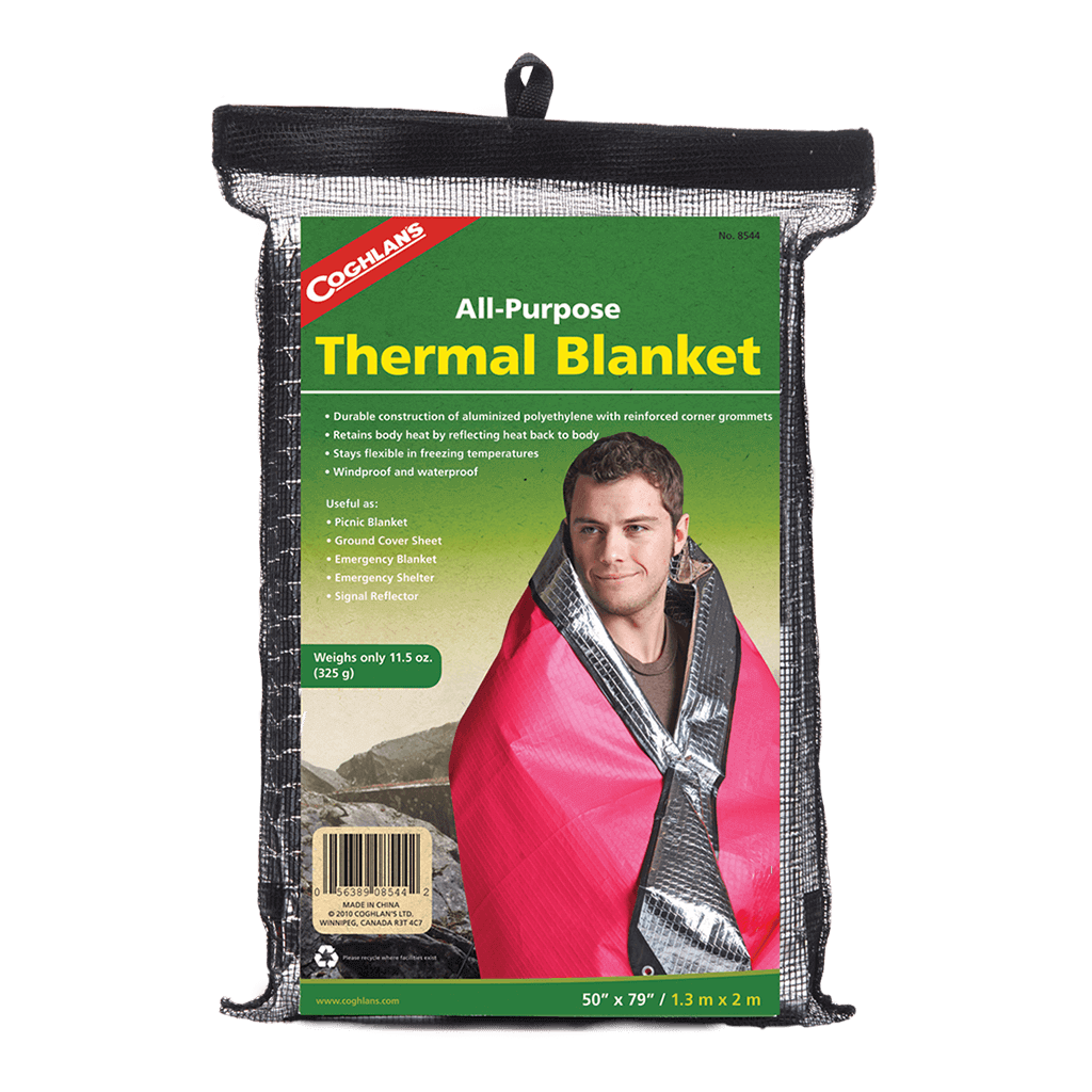 Coghlans Thermal Blanket in packaging, aluminized polyethylene, reinforced grommets, for outdoor use. Available at Cabin Depot.