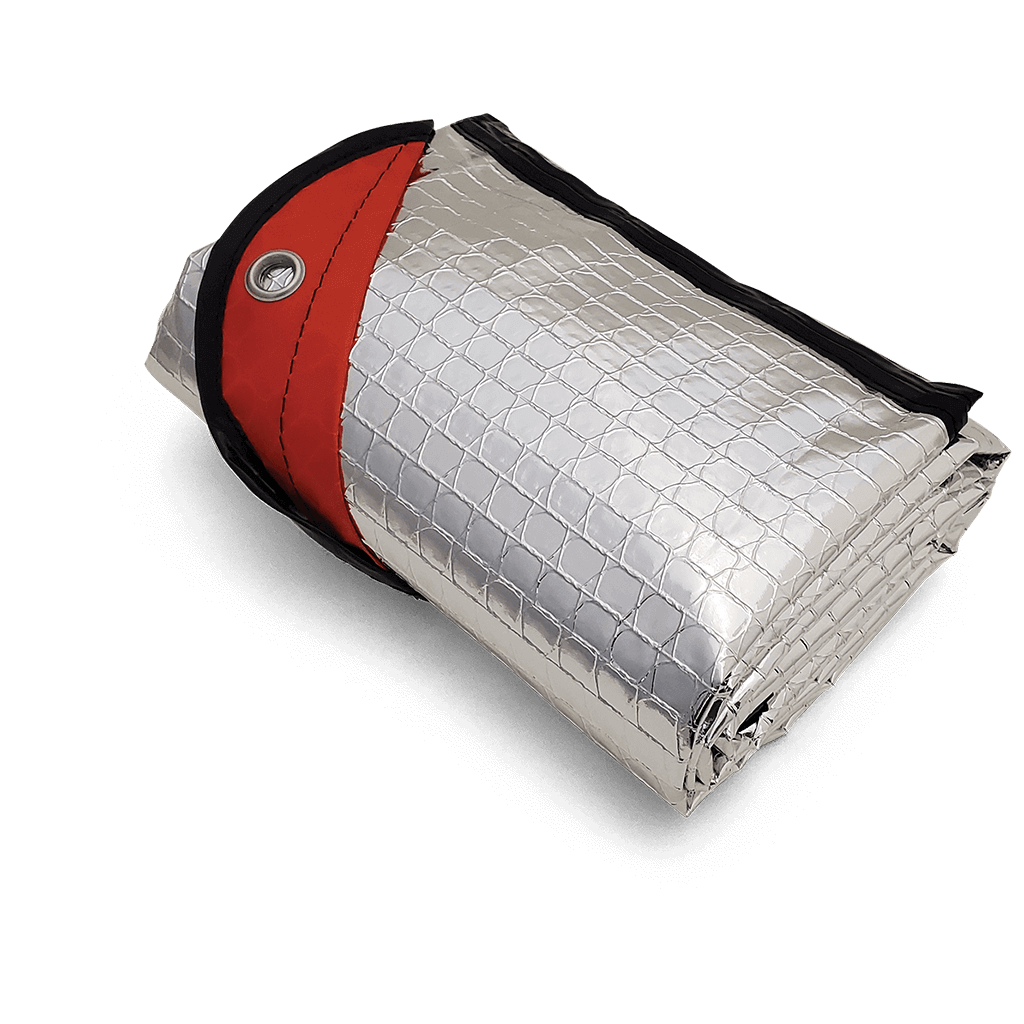 Coghlans Thermal Blanket folded, aluminized polyethylene, windproof, waterproof, reinforced edges. Available at Cabin Depot.