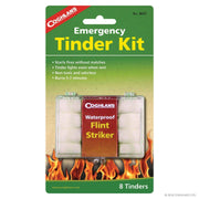 Coghlans Tinder Kit - Emergency fire starter, waterproof flint match, 8 tinder pieces, burns 5-7 mins. Available at Cabin Depot.