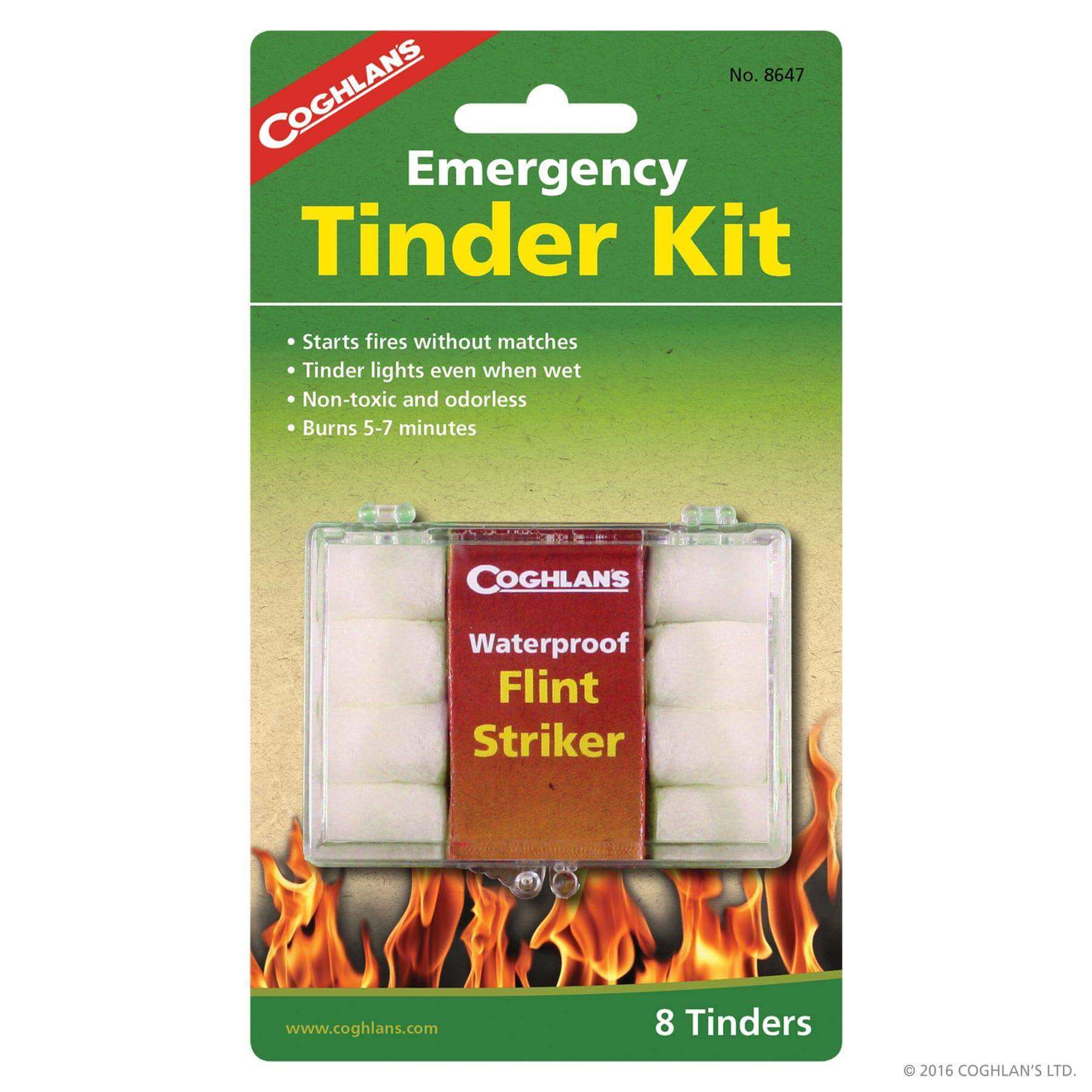 Coghlans Tinder Kit - Emergency fire starter, waterproof flint match, 8 tinder pieces, burns 5-7 mins. Available at Cabin Depot.