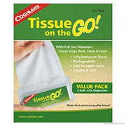 Coghlans Tissue on the GO! Value Pack with pull-out dispenser, available at Cabin Depot. Soft 2-Ply tissue ideal for travel, pocket-friendly.