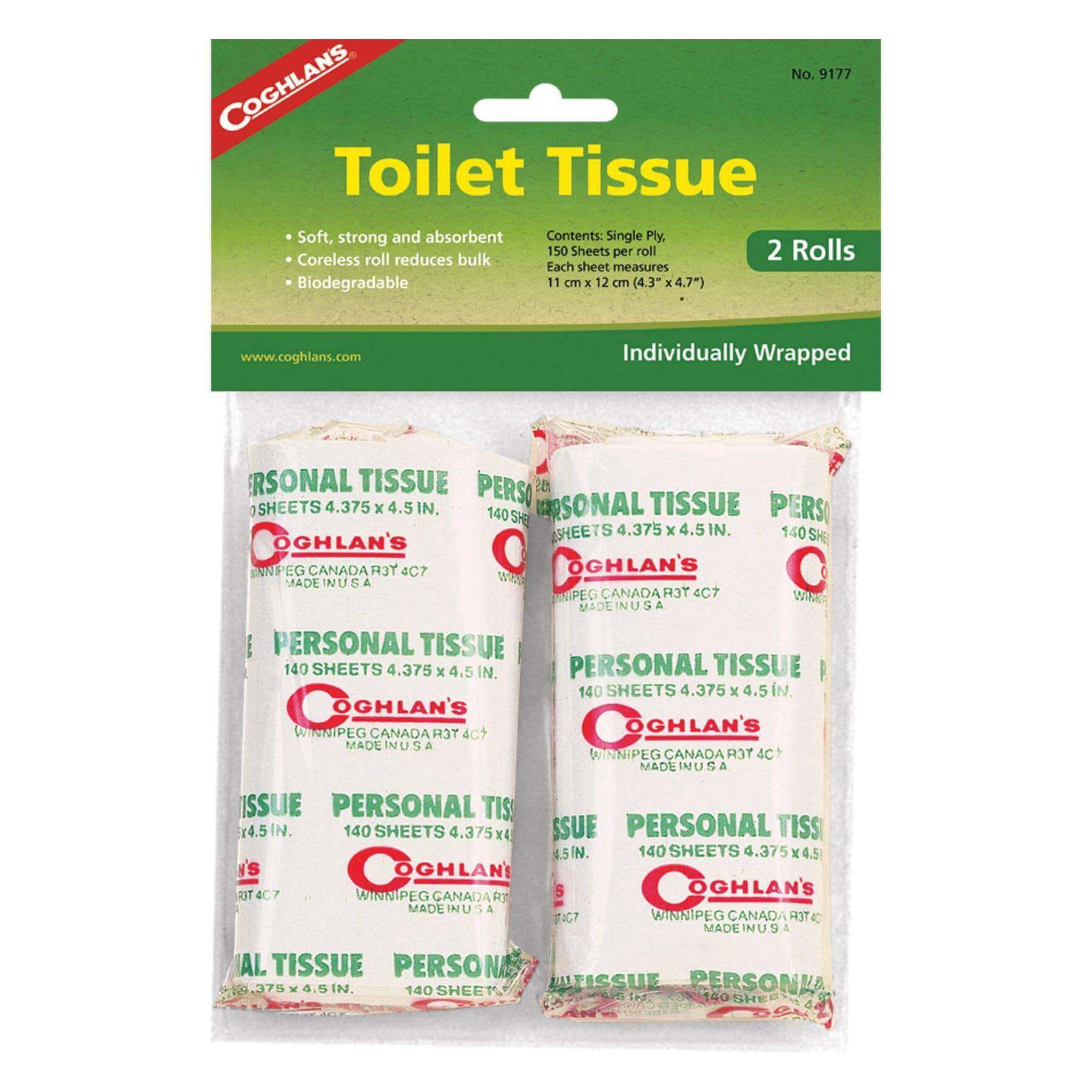 Coghlans biodegradable toilet tissue 2 rolls, soft and absorbent, RV and septic safe, available at Cabin Depot.