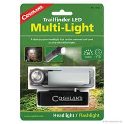 Coghlans LED Trailfinder Multilight packaging showing headlamp and flashlight features.