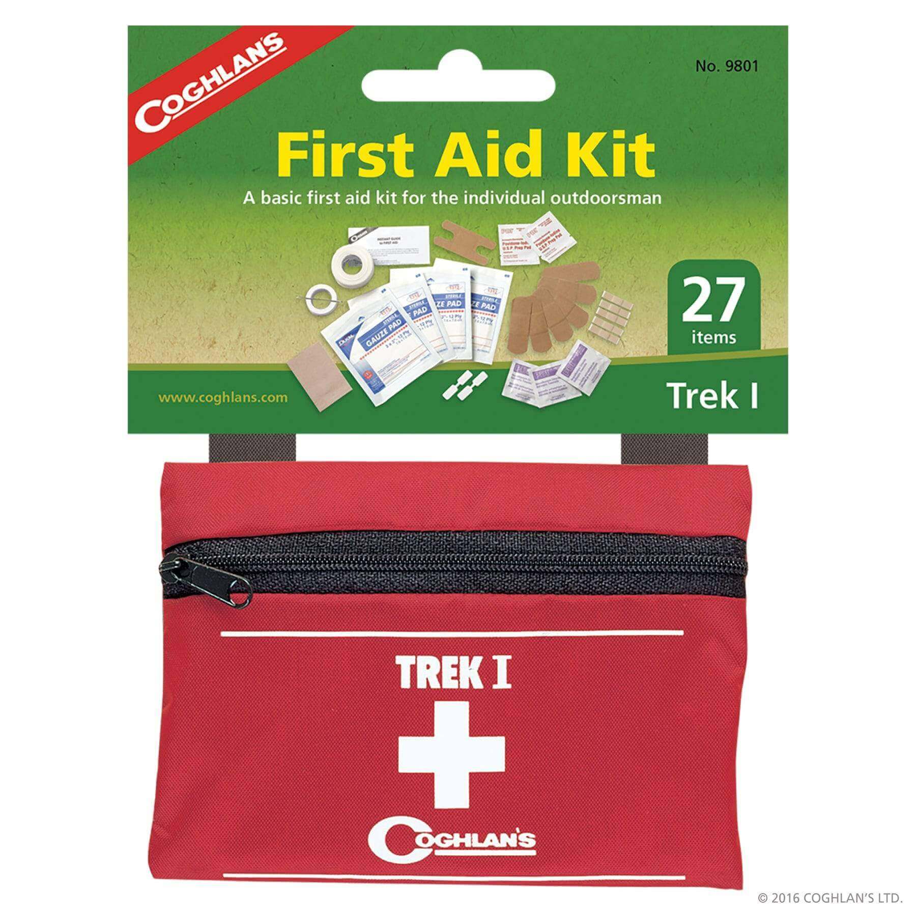 Coghlans Trek I First Aid Kit - 27 items in a red nylon case, ideal for outdoor use. Available at Cabin Depot.