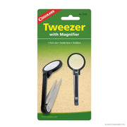 Coghlans Tweezer Magnifier package featuring stainless steel tweezers and 5X magnifier, ideal for outdoor use at Cabin Depot.