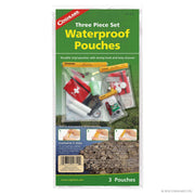 Coghlan's Cabin Depot water-resistant pouch set packaging with 3 pouches, hook-and-loop seal, and usage instructions, ideal for outdoor gear.